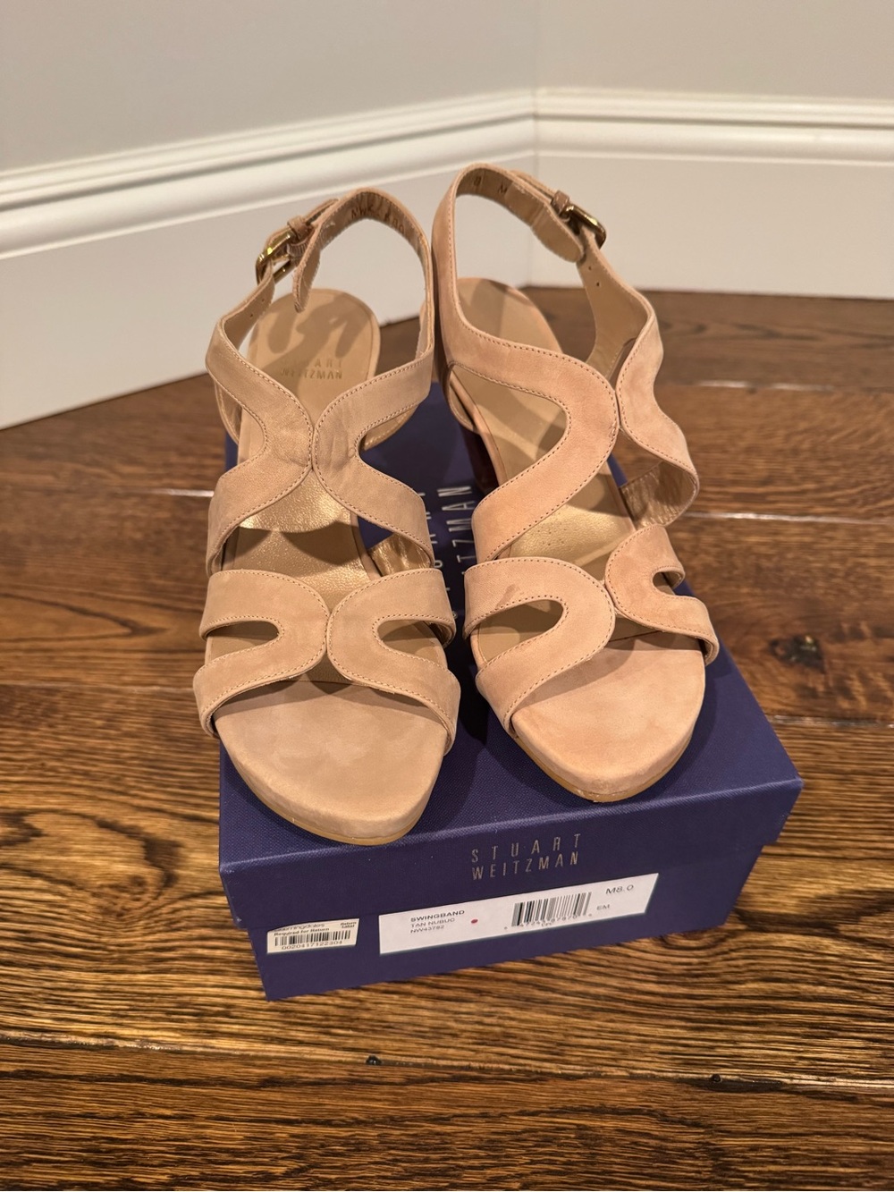 Stuart Weitzman “Swingband” Beige Suede Cutout Slingback Sandals